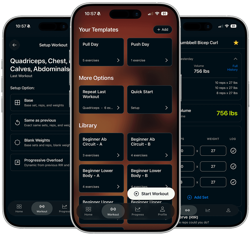 Three phones showing workout setup options, the template and workout library, and set-by-set exercise logging